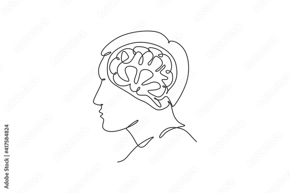 Aufkleber one single line drawing of human head with brain inside from side view logo identity. psychology off