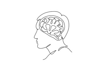 One single line drawing of human head with brain inside from side view logo identity. Psychology office icon logotype concept. Dynamic continuous line draw graphic design vector illustration