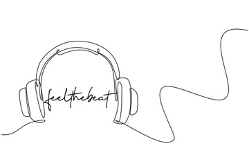 One single line drawing of stylish headphone with wire for recording company logo identity. Musical entertainment icon logotype concept. Dynamic continuous line draw design vector graphic illustration
