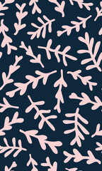 Pink vector leaf branches randomly placed as seamless repeat pattern with dark blue background.