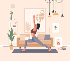 Fototapeta na wymiar Woman doing yoga exercises, practicing meditation and stretching on the mat. Girl character in yoga studio or home interior. Trendy flat or cartoon vector illustration.