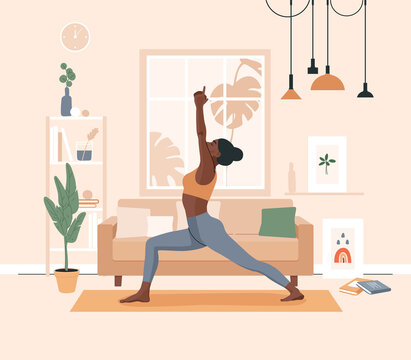 African american woman doing yoga exercises, practicing meditation and stretching on the mat. Black girl character in yoga studio or home. Trendy flat or cartoon vector illustration.