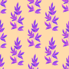 Fototapeta na wymiar Watercolor seamless pattern with leaves. Bright summer or spring print for any purposes. Colorful hand drawn illustration. Vintage natural pattern. Organic background. 