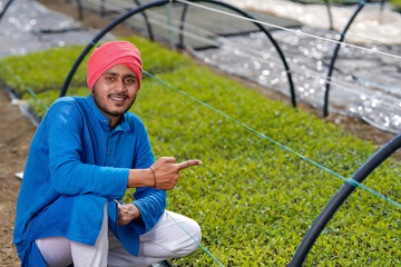 Young indian farmer at greenhouse or poly house