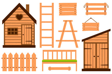 Collection of wooden garden accessories. Fence, boxes, ladder, shed, bench.Gardening, garden furniture.Design elements in a cartoon flat style. Color vector illustrations Isolated on white background.