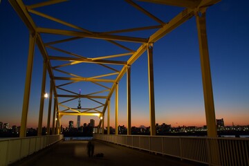 Fototapeta na wymiar 葛飾　東四つ木避難橋の夕暮れと夜 ブルーモーメント