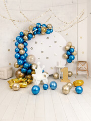 Birthday decorations - gifts, toys, balloons, garland and number for little baby party on a white...