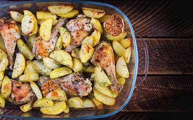 Baked chicken legs with sliced potatoes and herbs. Barbecue chicken drumsticks. Top view, overhead, copy space.