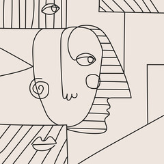 Hand drawn surrealistic, abstract face in line art style, modern minimalism art, aesthetic contour