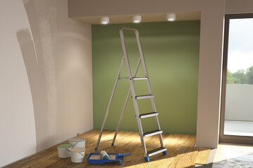 Repair of apartments, empty interior with paints and ladder. 3d illustration