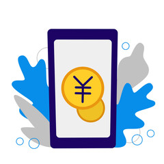 Smartphone, yen coin money, screen. Concept: win, money cashback, reward, currency exchange, business, finance. Japanese yen golden coin on display. Smartphone device vector eps illustration isolated