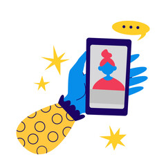 Video call concept. Female hand holding smartphone with woman on display. Online internet technology, video chat illustration. Cartoon smartphone: video call app, screen. Eps stock hand drawn vector