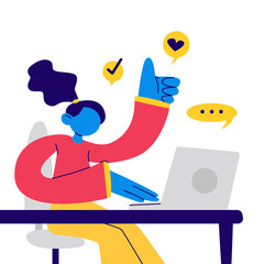 Modern woman sitting at the working desk, ok gesture, thumbs up. Girl student, female freelancer, writer. Concept: education, freelance, communication, home working. Vector eps woman, laptop, computer