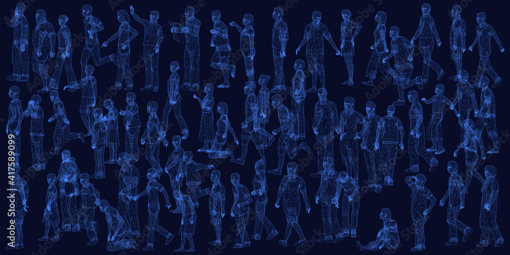 Poster wireframe of many people in different poses from blue lines on a dark background. 3d. vector illustr