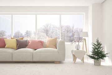 White living room with sofa and winter landscape in window. Scandinavian interior design. 3D illustration