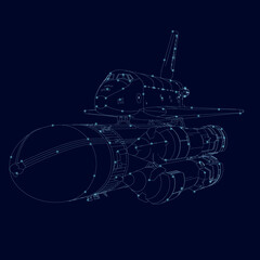 Space shuttle wireframe made of blue lines with glowing lights on a dark background. Vector illustration