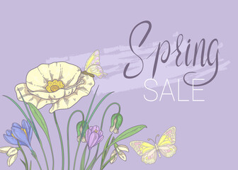 Spring sale. Purple banner with flowers