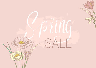 Spring sale. Pink horizontal banner with flowers