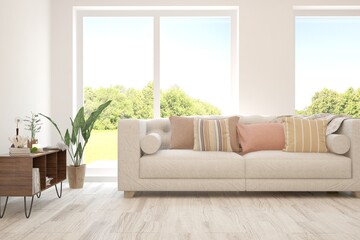 White living room with sofa and summer landscape in window. Scandinavian interior design. 3D illustration