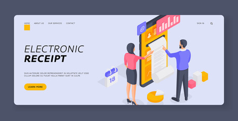 Fototapeta na wymiar People receiving electronic receipt after transaction isometric vector illustration. Banner template