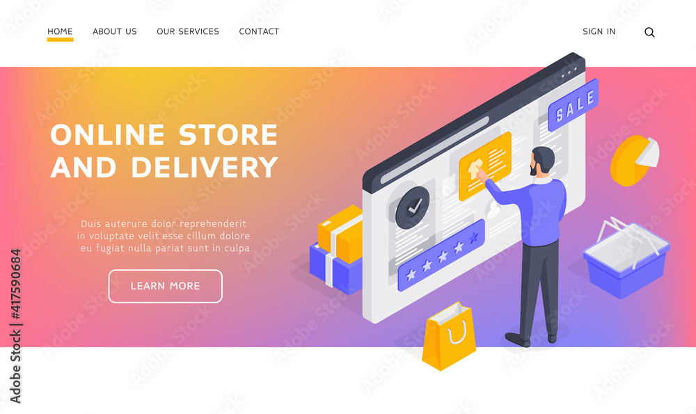 Poster man browsing internet store website isometric vector illustration. banner template