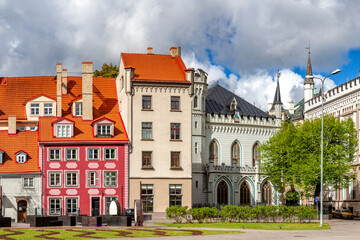 Fototapeta na wymiar Colorful medieval houses in the Livu Square, Riga Old Town, Latvia