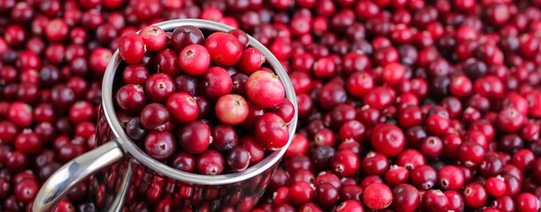 Ripe fresh cranberries with stainless steel mug as natural, food, berries banner. Selective focus.	