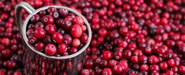 Ripe fresh cranberries with stainless steel mug as natural, food, berries banner. Selective focus.	