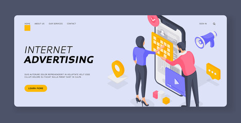 People advertising products in Internet isometric vector illustration. Banner template