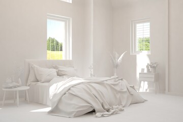 Modern bedroom in white color. Scandinavian interior design. 3D illustration