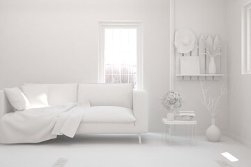White minimalist living room with sofa. Scandinavian interior design. 3D illustration