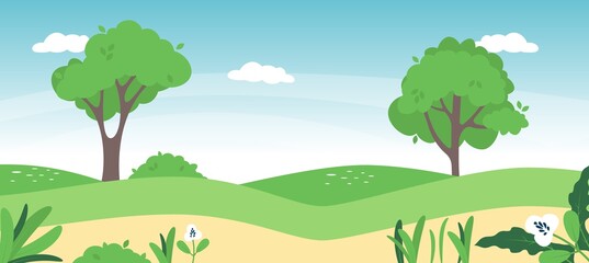 Obraz premium Spring landscape in countryside with green meadow on hills and blue sky,