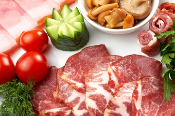 Delicious meat dishes. Ham, prosciutto. Italian appetizers
