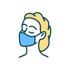 Cloth mask wearing RGB color icon. Preventive action in public settings. Covering nose, mouth and chin. Covid-19 spread reduction. Physical distancing. Protective measure. Isolated vector illustration