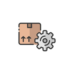 Package and gear. Shipping box. Current order. Filled color icon. Commerce vector illustration
