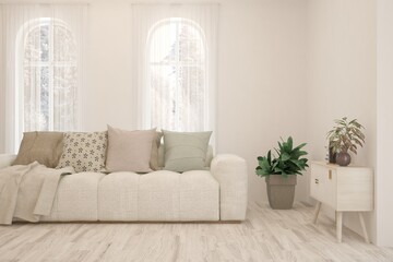 White living room with sofa. Scandinavian interior design. 3D illustration