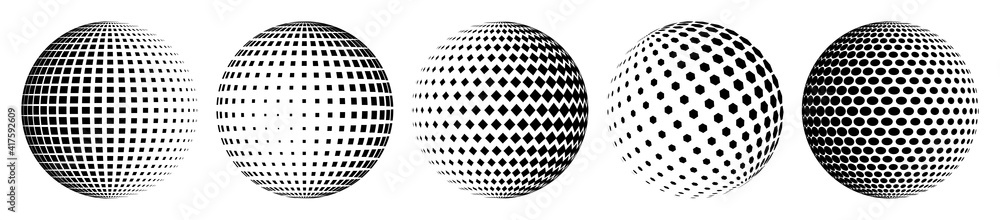 Aufkleber set of halftone spheres. abstract dotted background. texture of black dots. monochrome gradient back