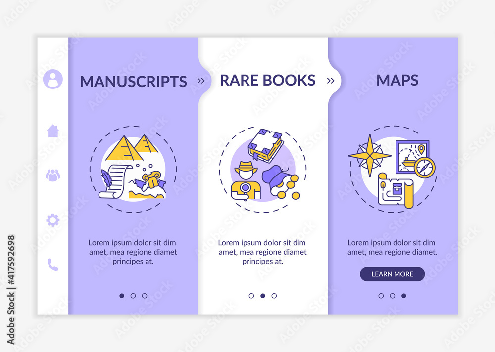 Poster archinve collections onboarding vector template. online library benefits. access to first editions. 