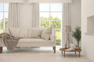 White living room with sofa and summer landscape in window. Scandinavian interior design. 3D illustration