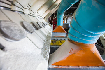 Aktobe region, Kazakhstan - May 06, 2012: Wheat flour production line. Sieve shakers close-up.