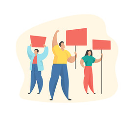 Protesters standing with placards. Flat vector illustration