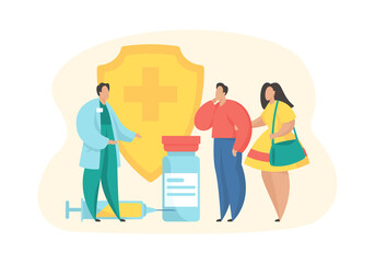 Doctor with syringe and coronavirus vaccine. Couple thinking about vaccination from viruses