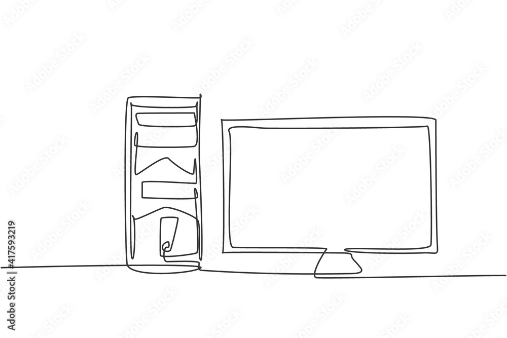 Poster single continuous line drawing of cpu computer and screen monitor. electronic business company tools