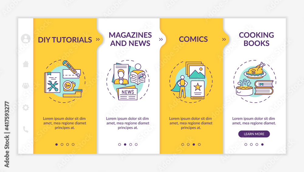 Poster online library catalogue onboarding vector template. comics, cooking books. responsive mobile websit