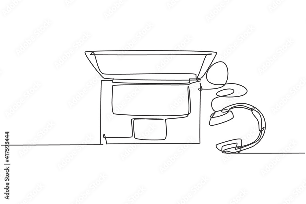 Poster one single line drawing of laptop and classic headphone from top view. entertainment computer concep
