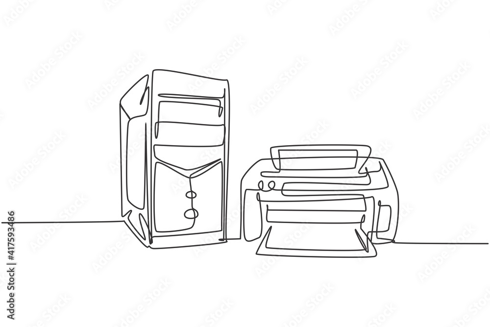 Poster one continuous line drawing of cpu computer and printer for small office appliance. electricity home