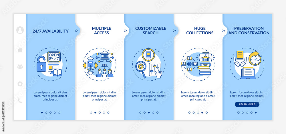 Poster online library benefits onboarding vector template. huge collection. multiple access. customazible s