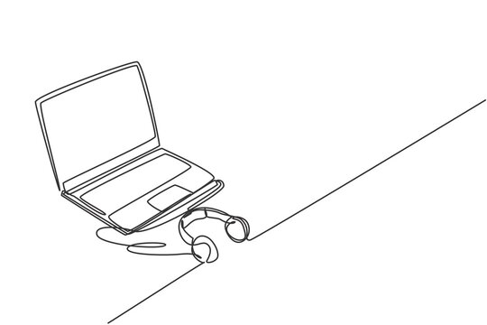 recommend clip art: One continuous line drawing of laptop and headphone above the table. Electricity small business office equipment tools concept. Trendy single line draw design vector graphic illustration