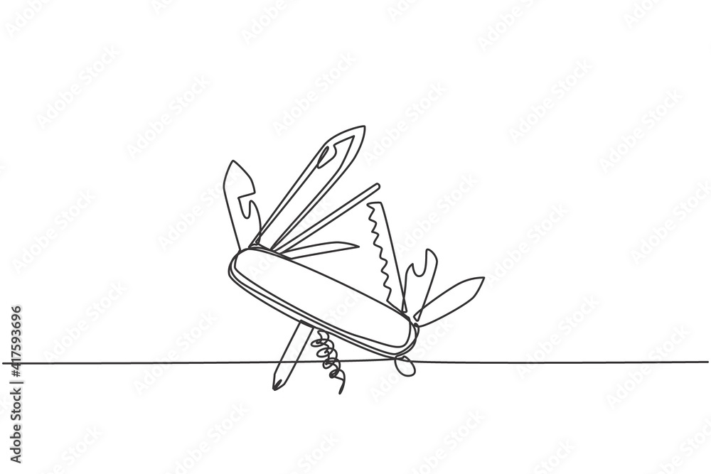 Wall mural one single line drawing of multi purpose pocket knife with blade, scissor, hover, opener. camping ou