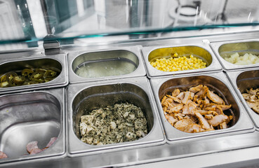 Pizza topping sauce ingredients or recipe. Ingredients for pizza in a restaurant